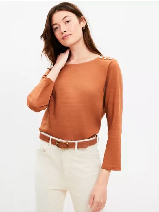 LOFT Tops - LOFT Shoulder Snap Top Argan Oil Long Sleeve Shirt Size L 100% Cotton